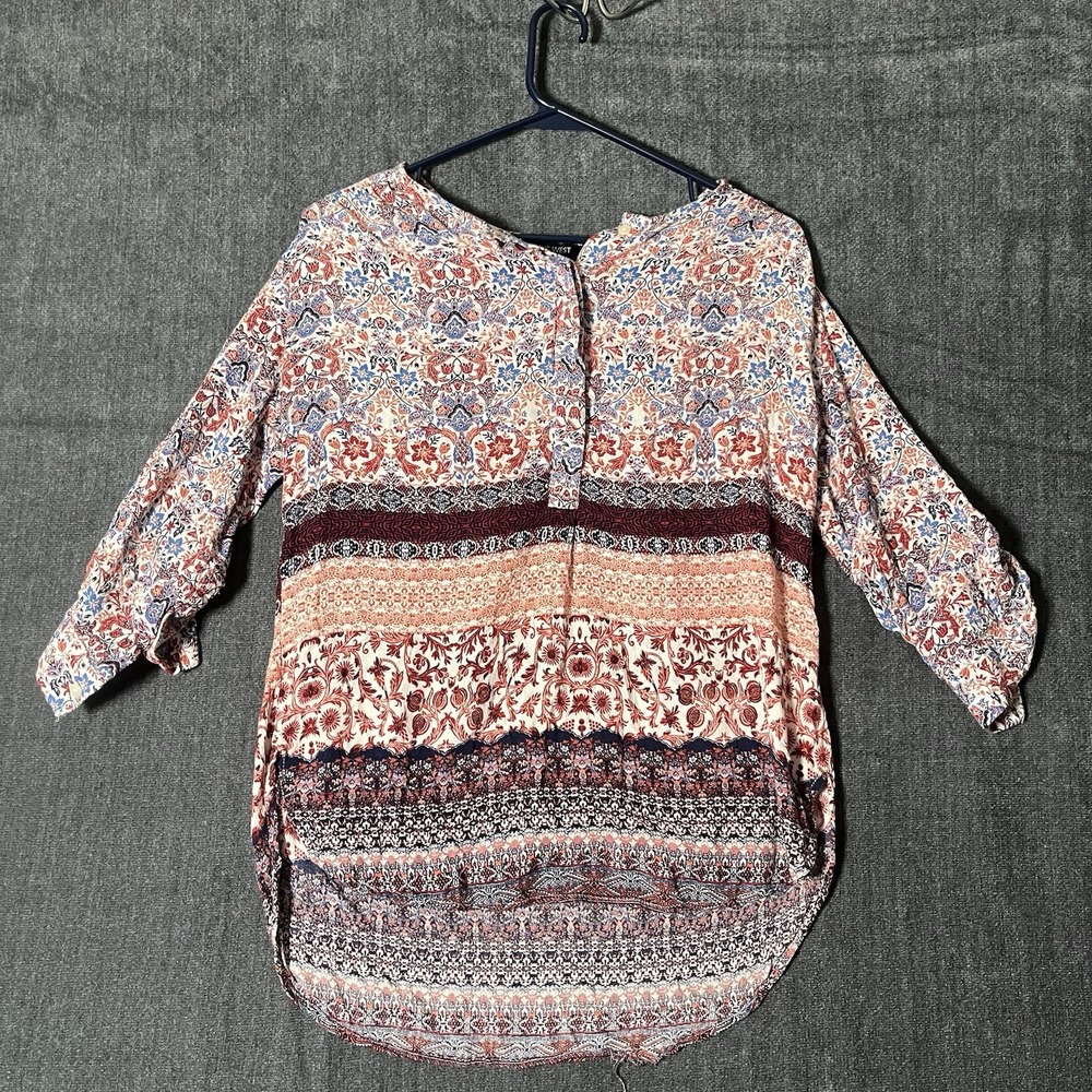 Nine West Jeans Womens Small Boho Paisley Floral Henley Blouse 3/4 Roll Sleeve
